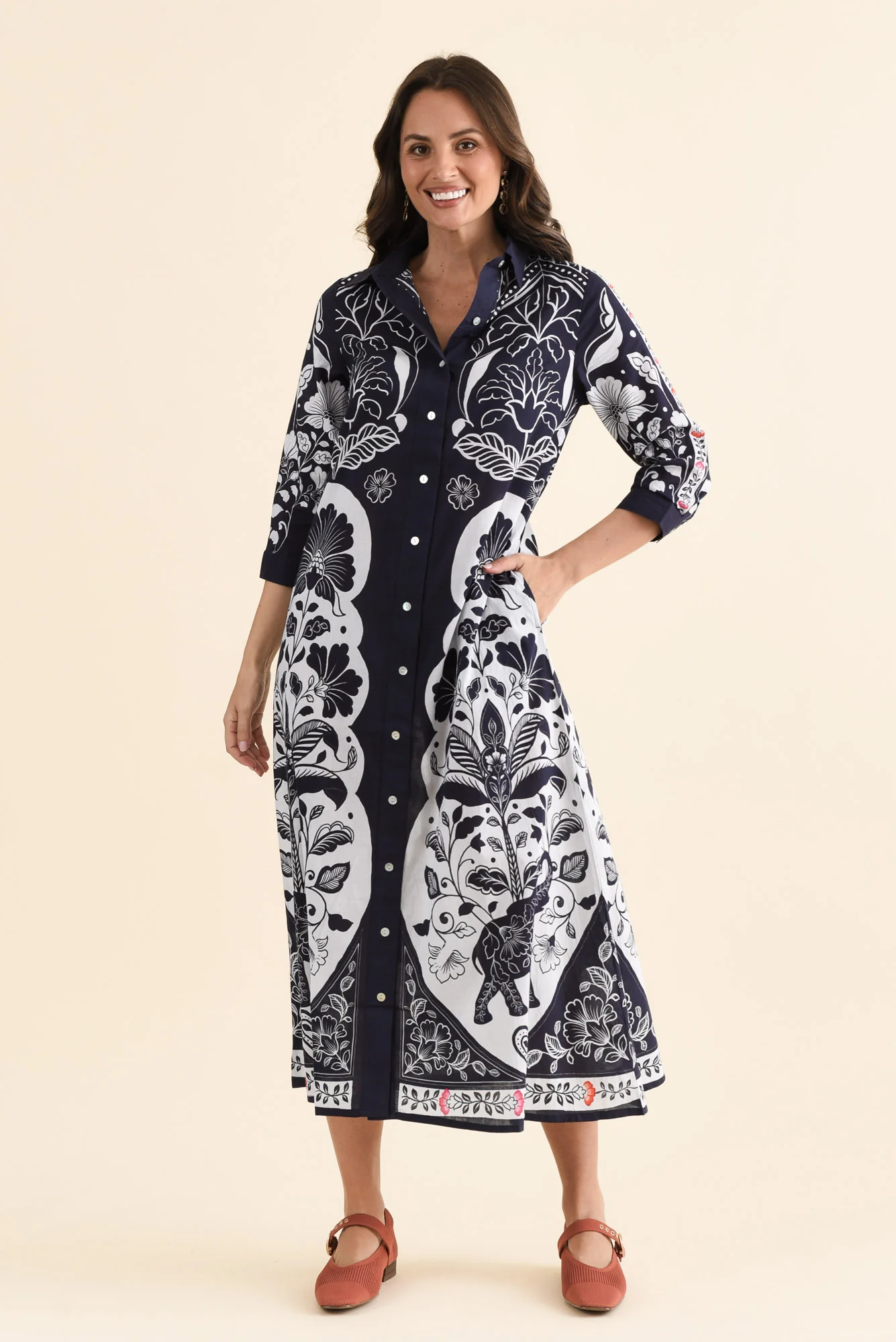 Melita Navy Motif Cotton Shirt Dress