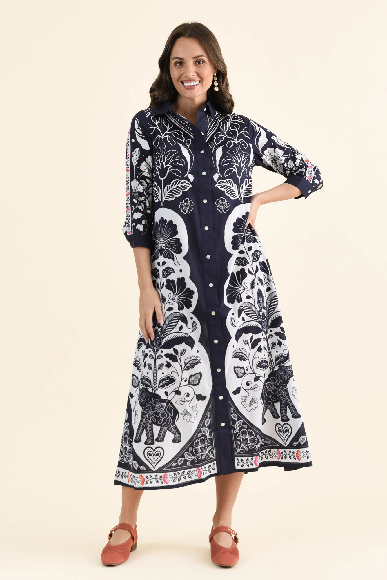 Melita Navy Motif Cotton Shirt Dress - Image 2