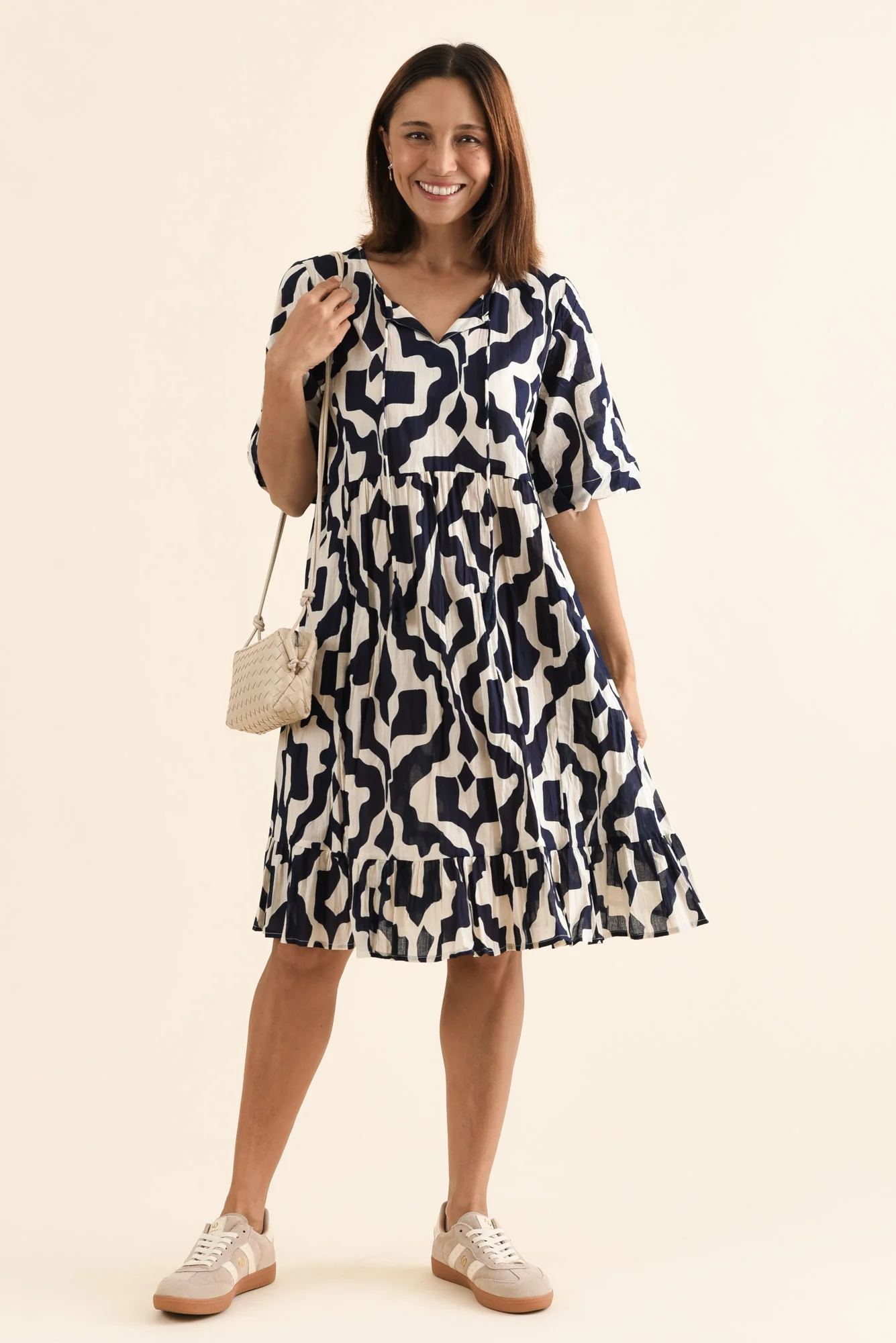 Mila Navy Motif Crinkle Cotton Dress