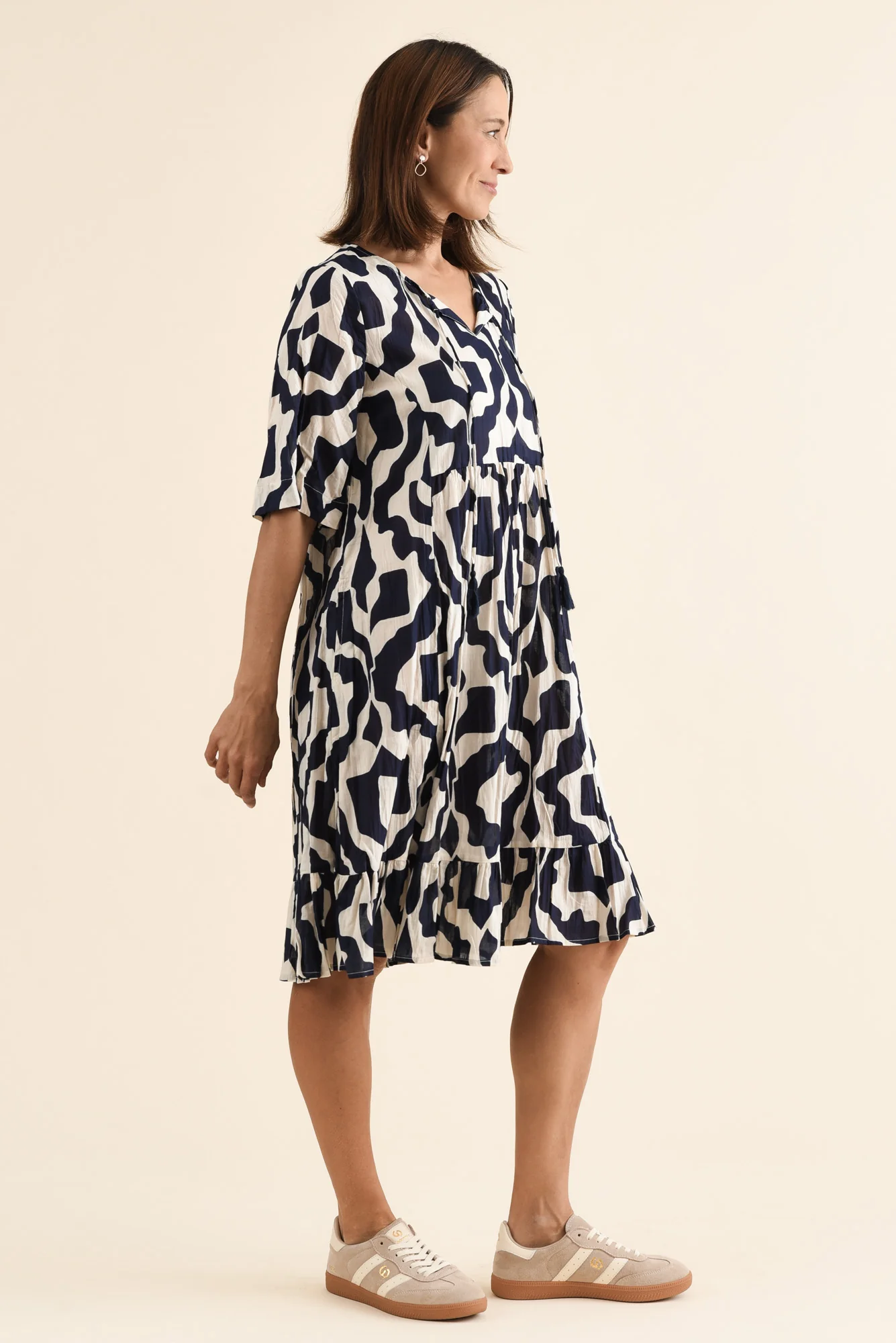 Mila Navy Motif Crinkle Cotton Dress - Image 3