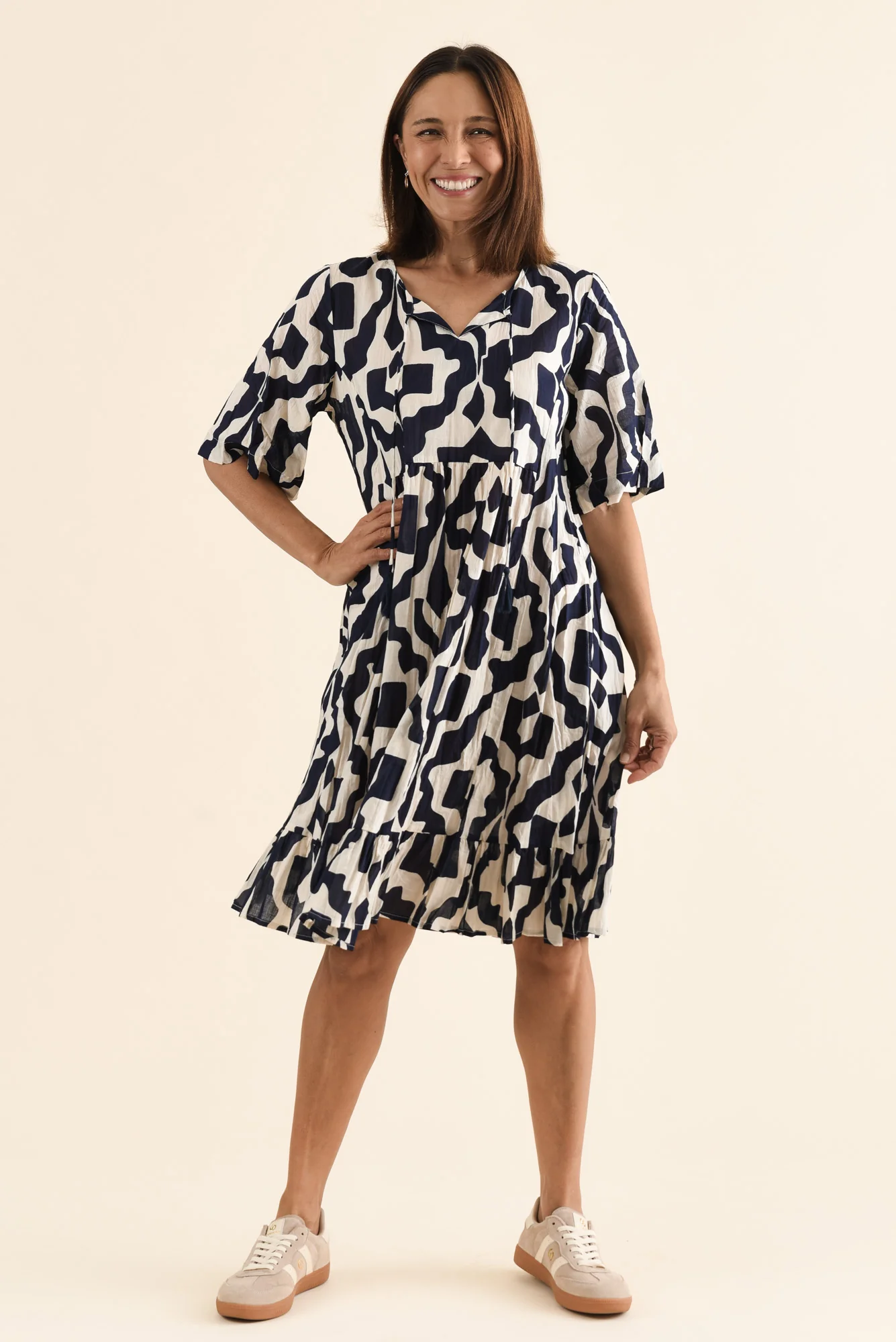 Mila Navy Motif Crinkle Cotton Dress - Image 6