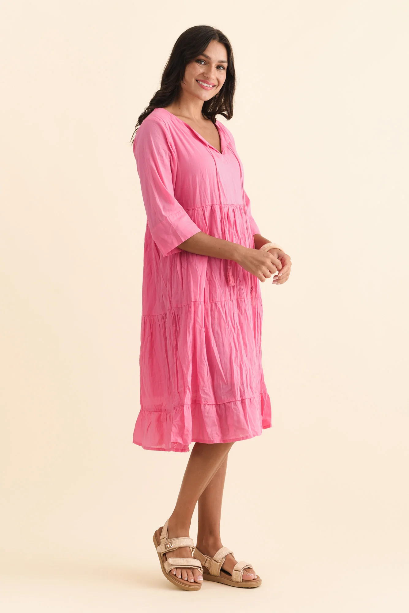 Milana Bright Pink Crinkle Cotton Dress - Image 5