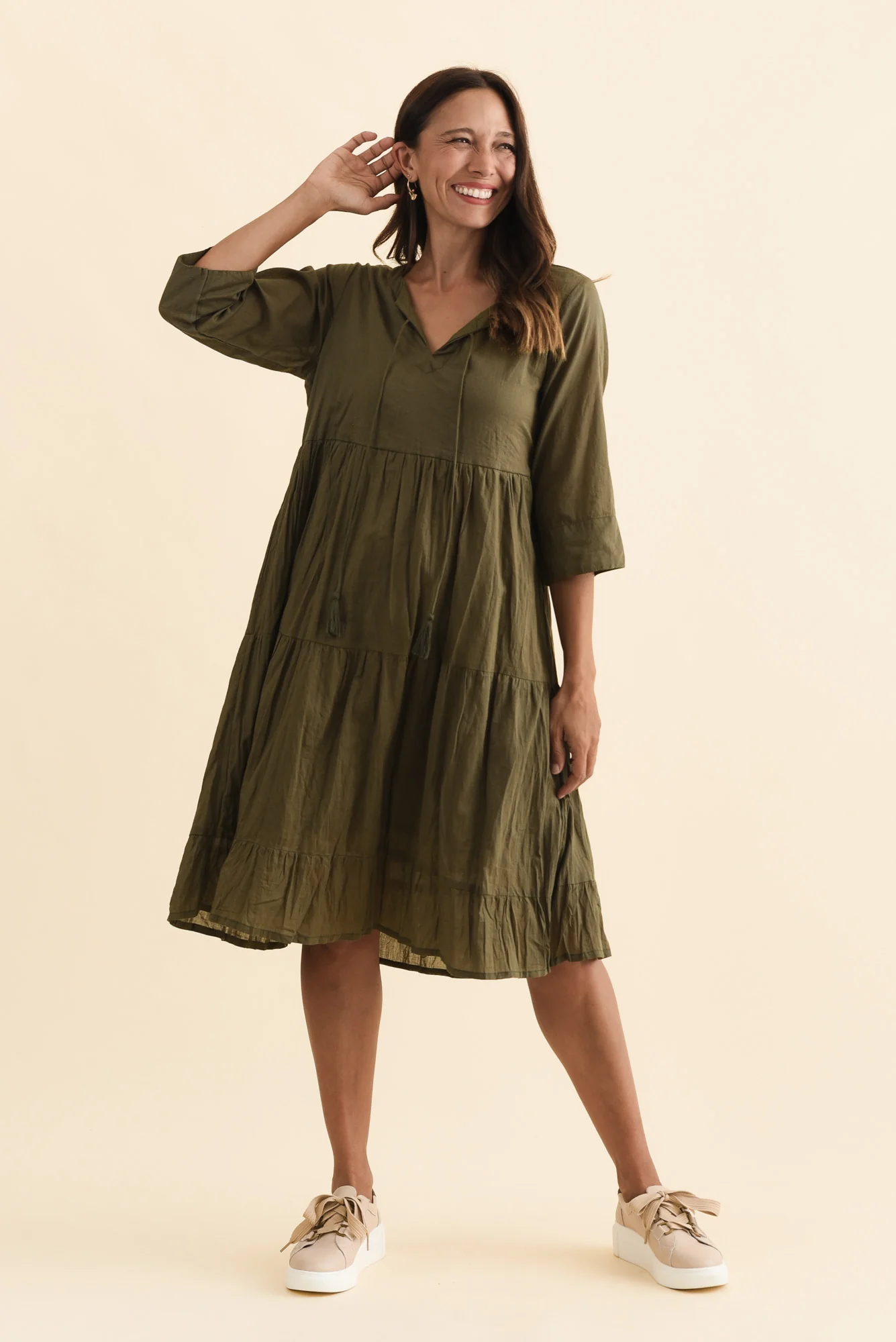 Milana Khaki Crinkle Cotton Dress - Image 4