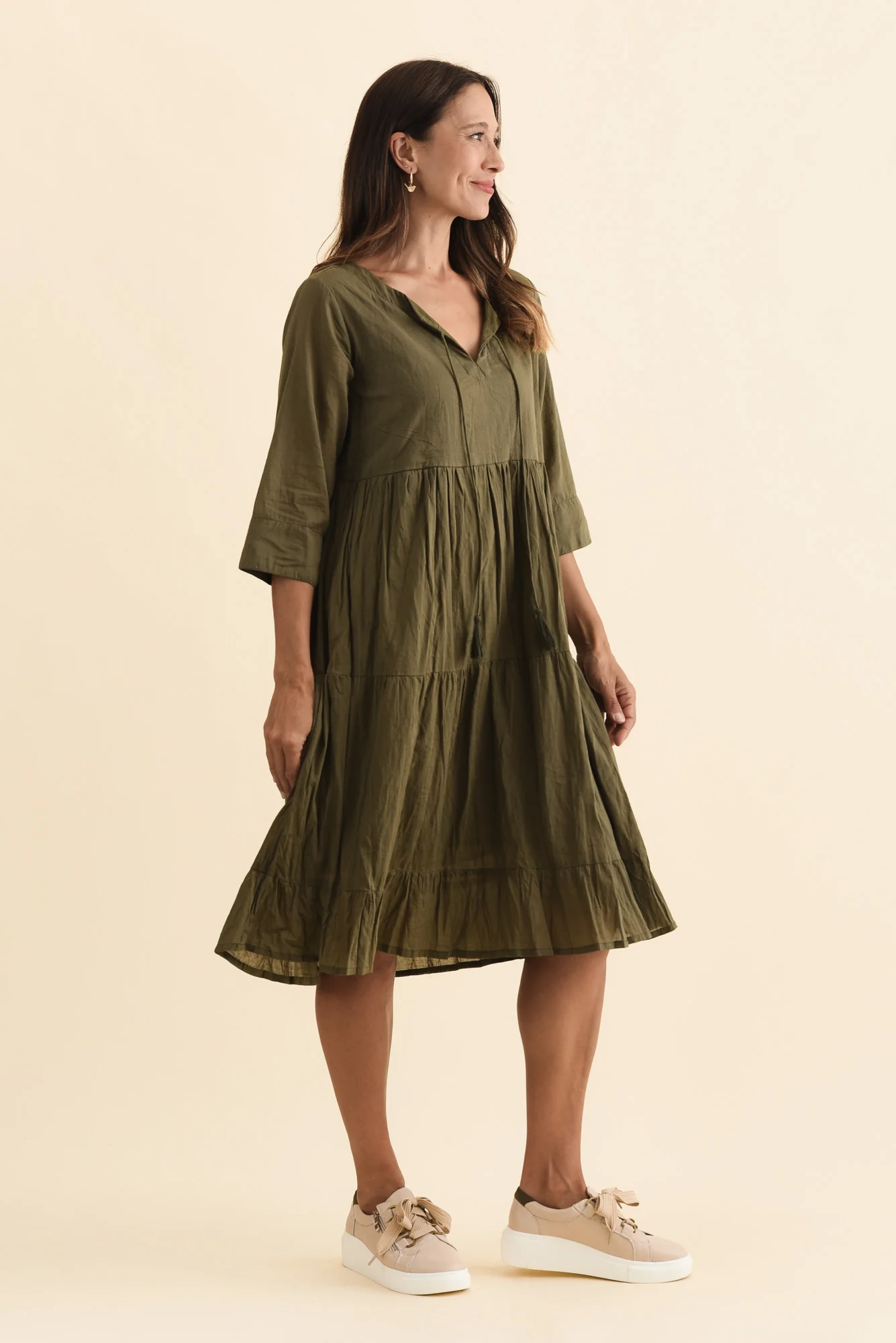 Milana Khaki Crinkle Cotton Dress - Image 5