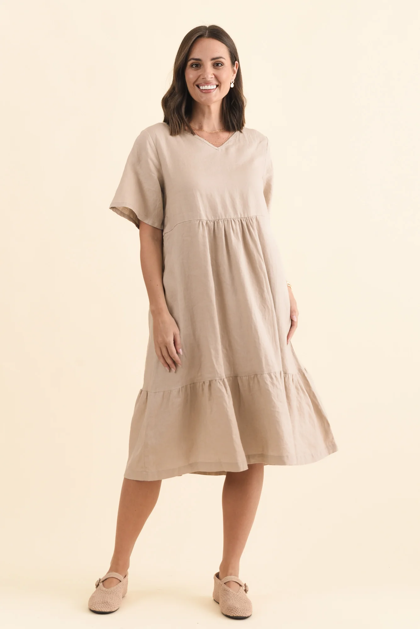 Miller Beige Linen Tiered Dress - Image 3