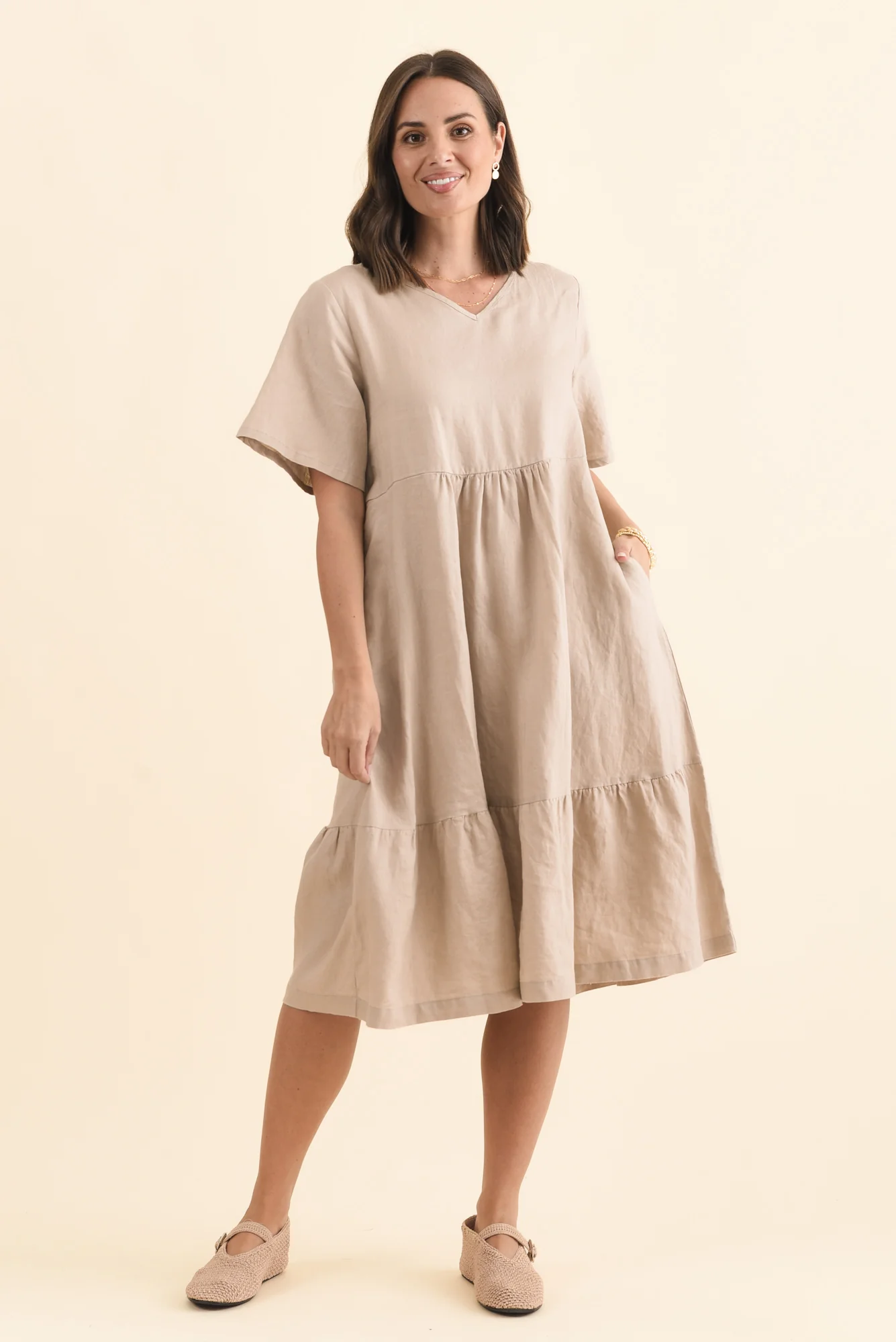 Miller Beige Linen Tiered Dress - Image 7