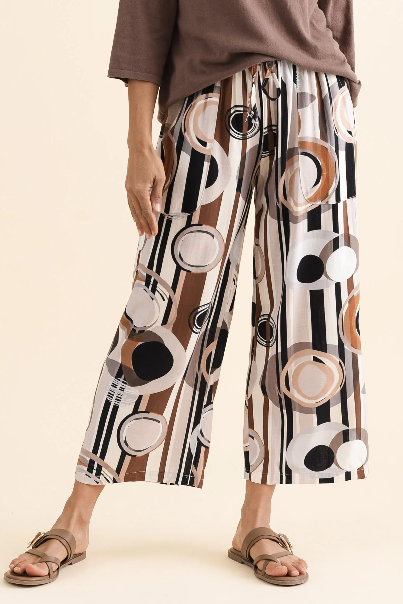 Minnelli Tan Geo Linen Cotton Pants