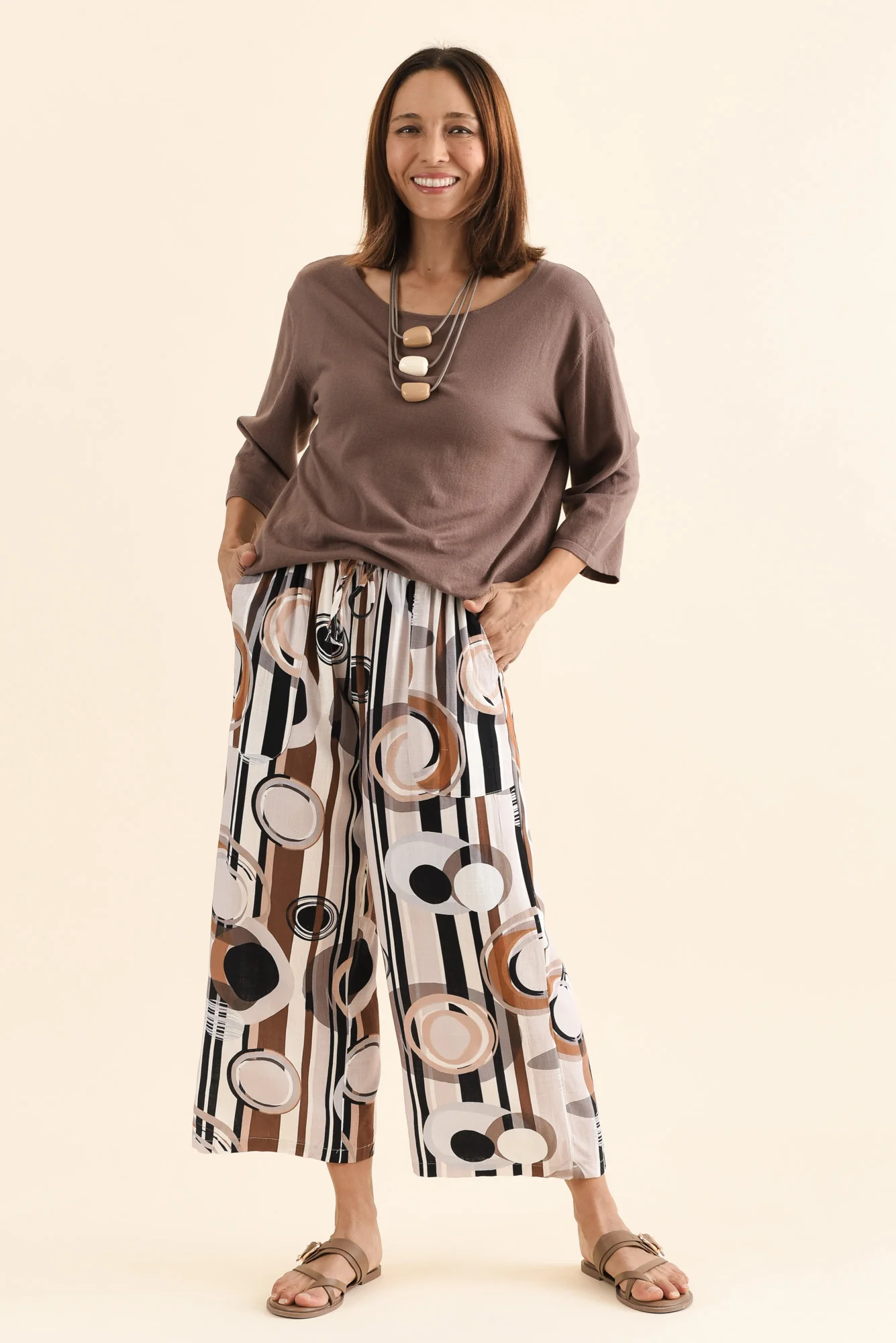Minnelli Tan Geo Linen Cotton Pants - Image 6