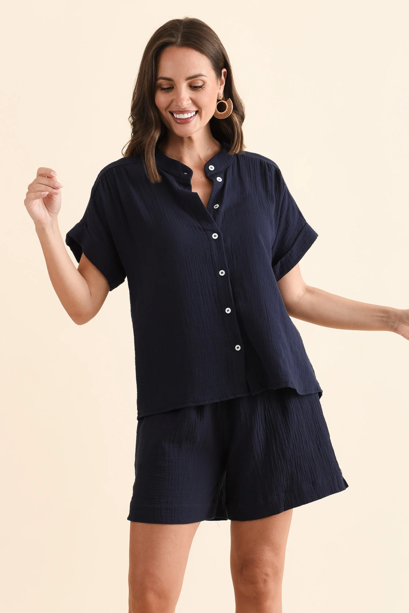 Nicoline Navy Cotton Button Top