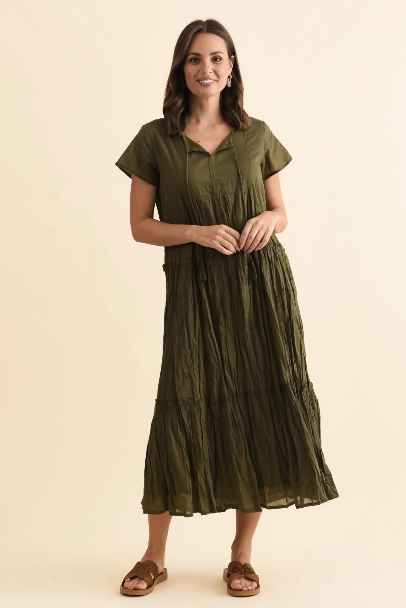 Nona Khaki Crinkle Cotton Maxi Dress - Image 6