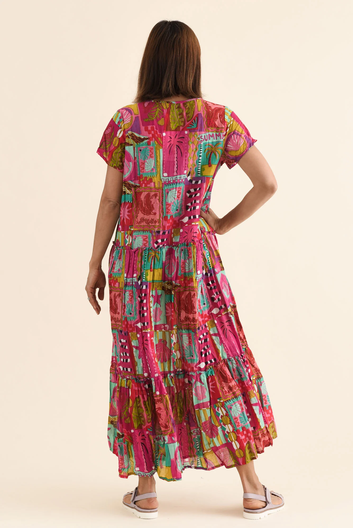 Nona Pink Tile Crinkle Cotton Maxi Dress - Image 4
