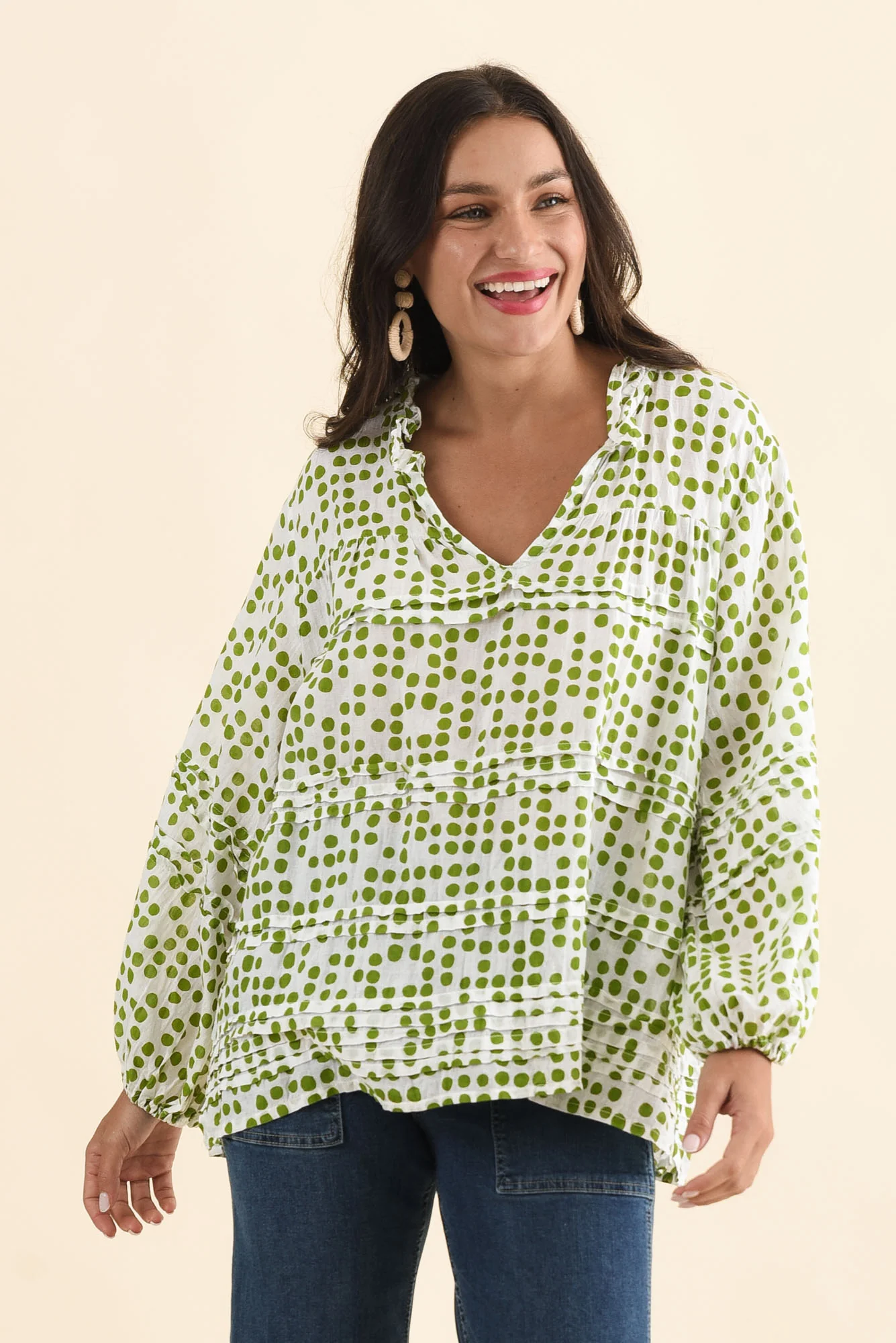 Palmer Green Spot Cotton Long Sleeve Top