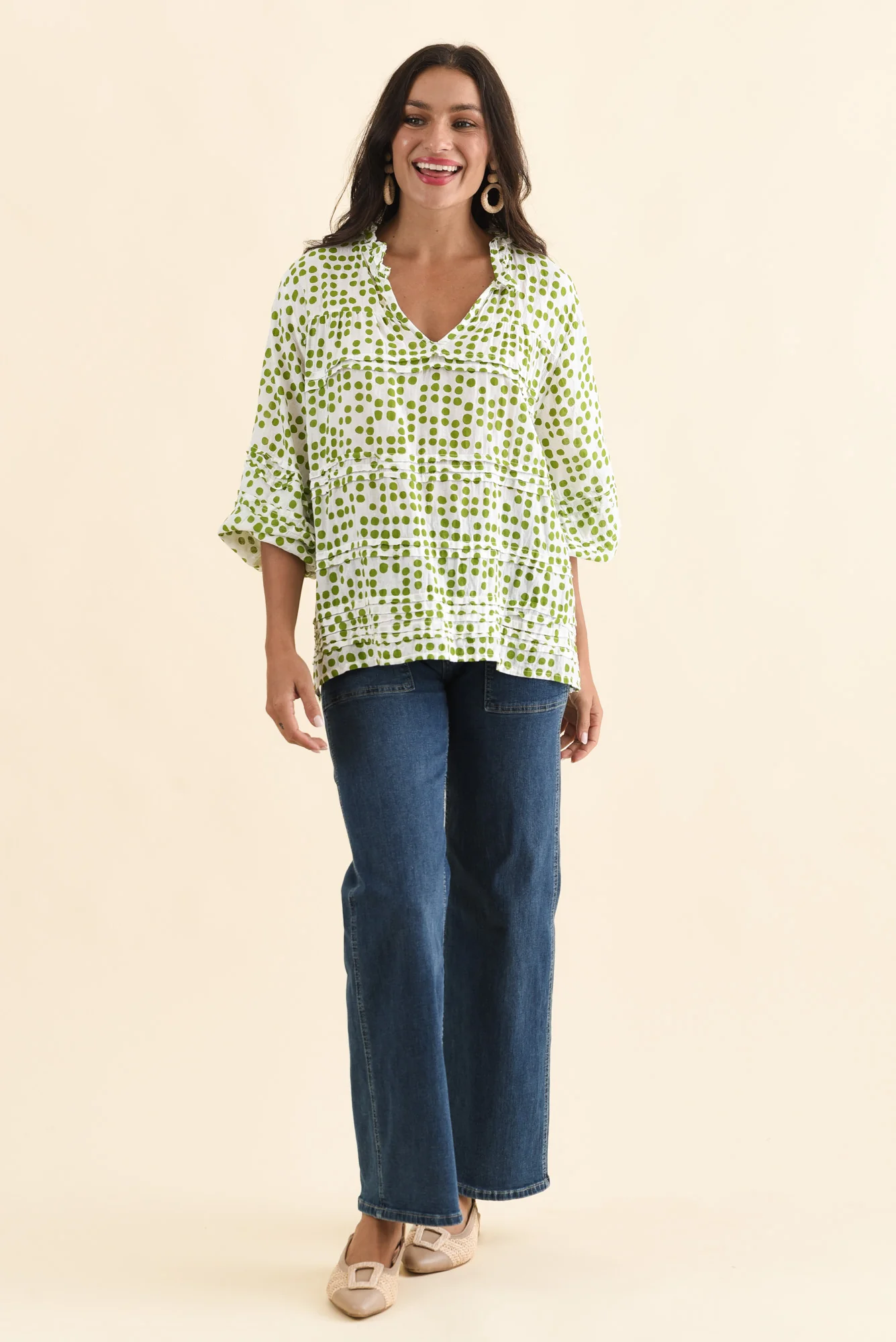 Palmer Green Spot Cotton Long Sleeve Top - Image 6