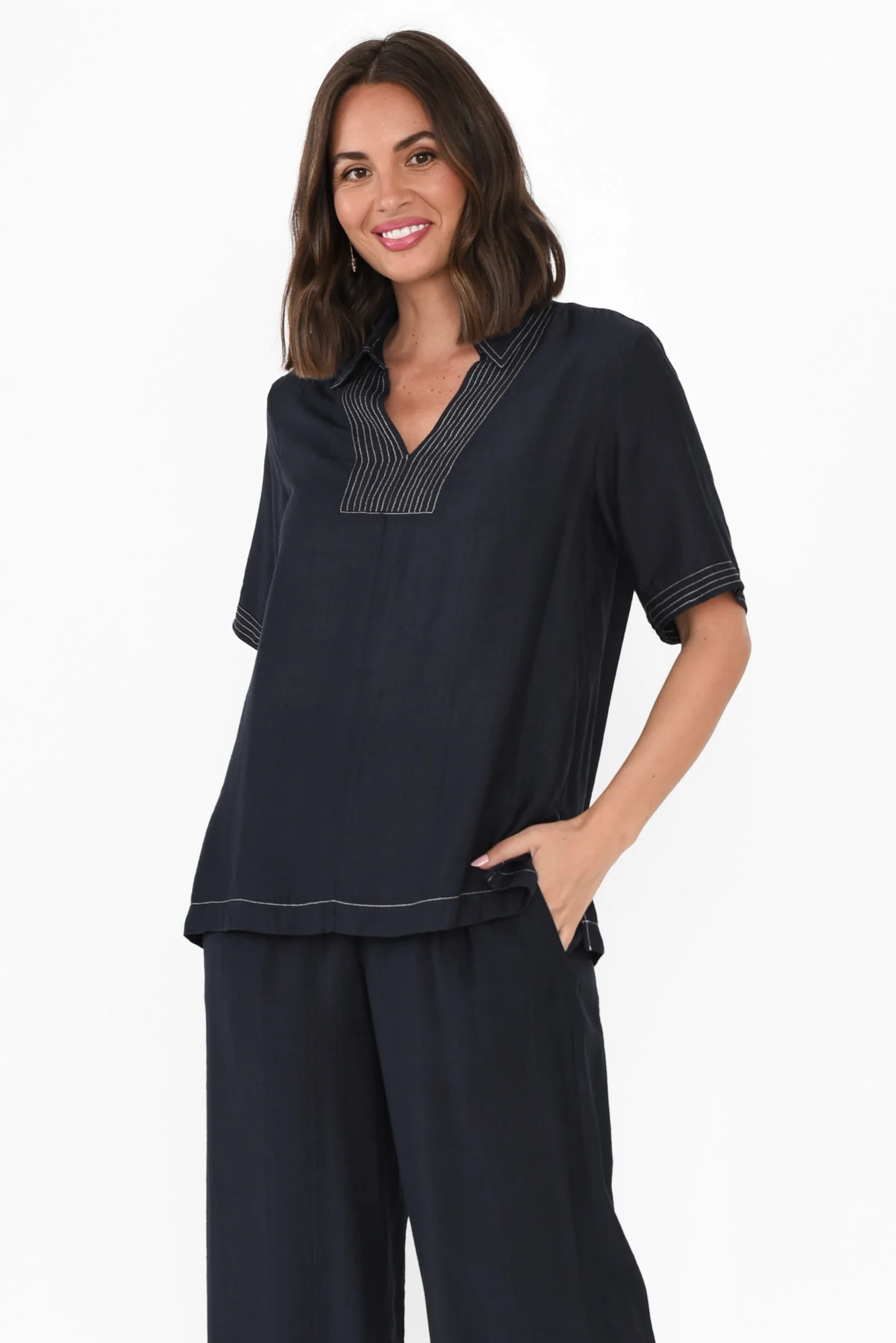Rhianna Navy Contrast Collared Top