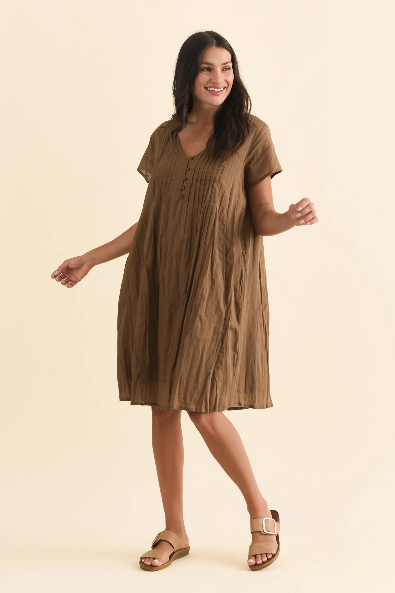 Sabina Mocha Crinkle Cotton Dress - Image 3