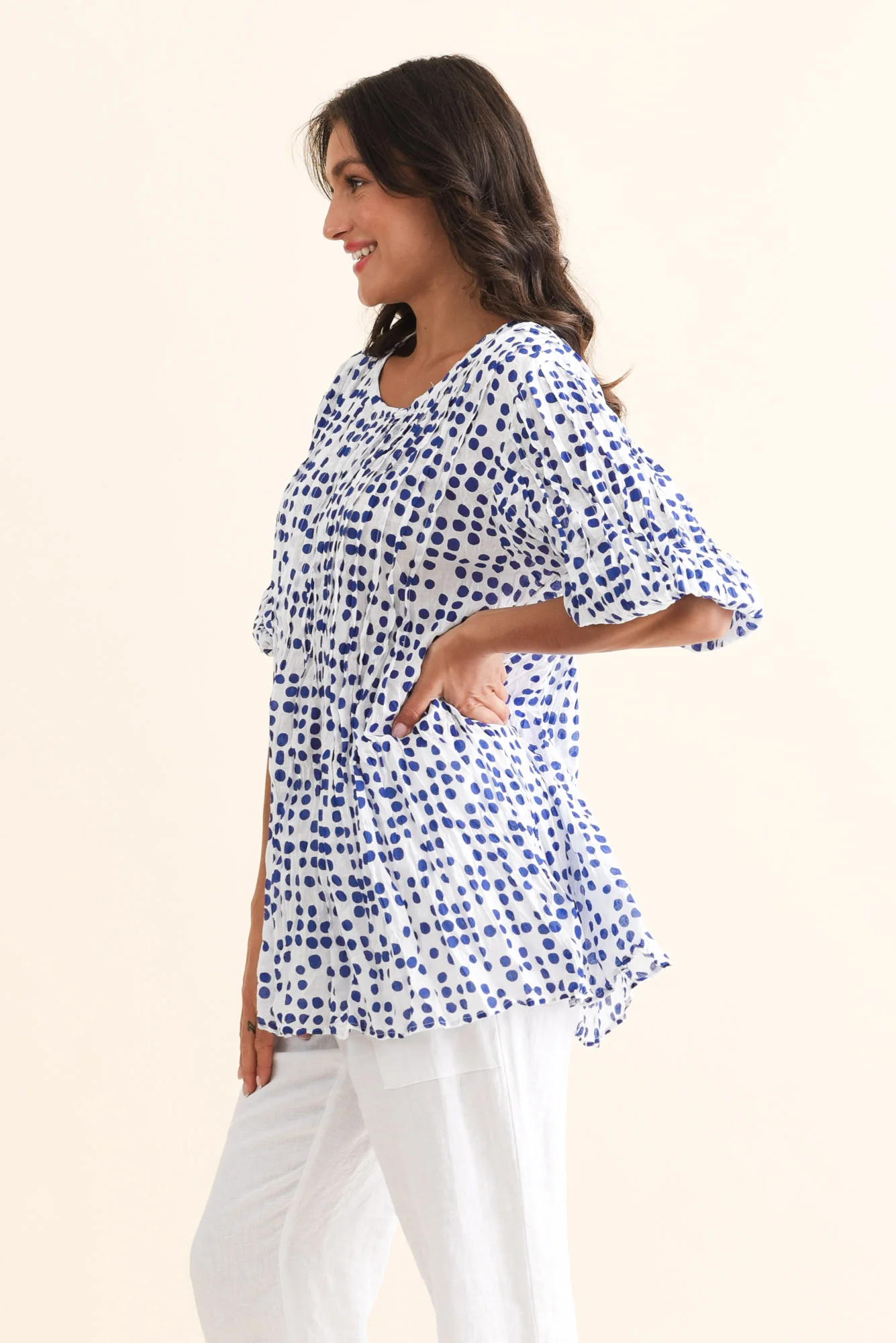 Selma Blue Confetti Crinkle Cotton Top - Image 4