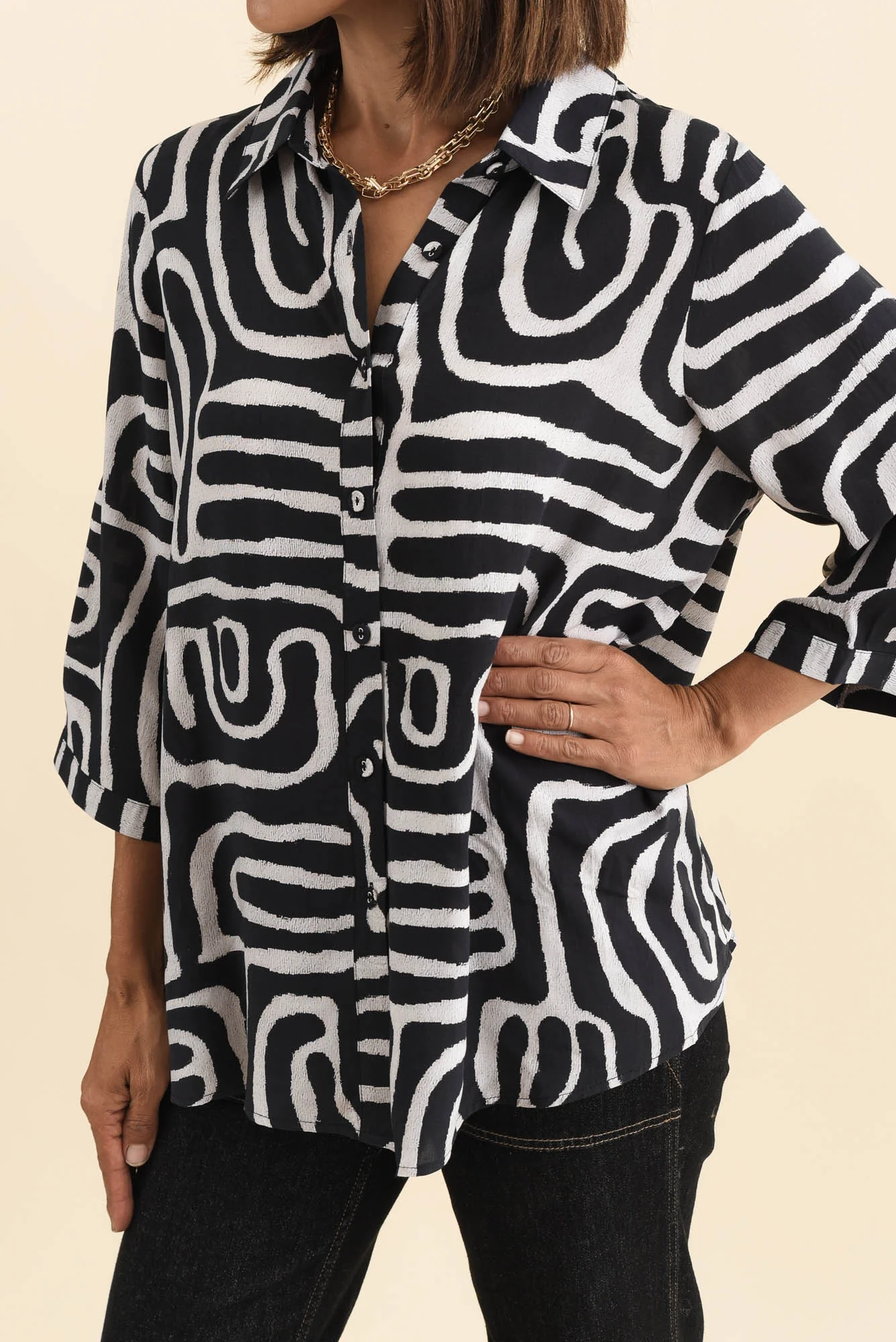 Shanae Black Abstract Collared Shirt - Image 6