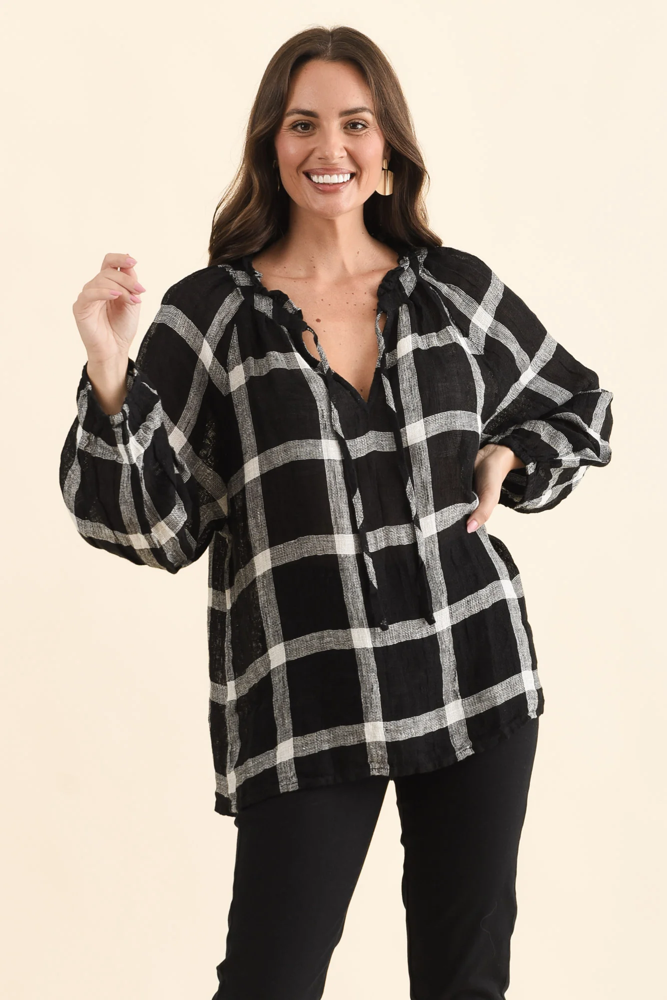 Sussana Black Check Linen Tie Top