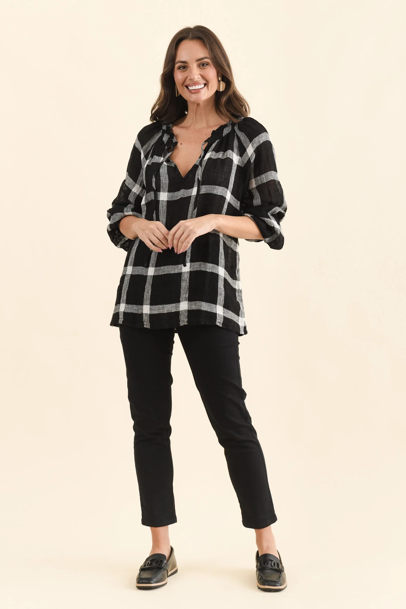 Sussana Black Check Linen Tie Top - Image 2