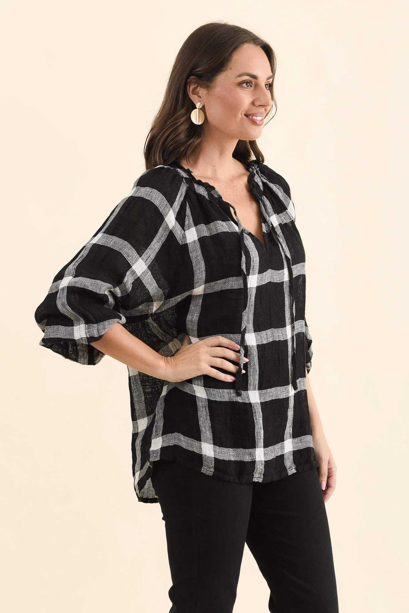 Sussana Black Check Linen Tie Top - Image 3