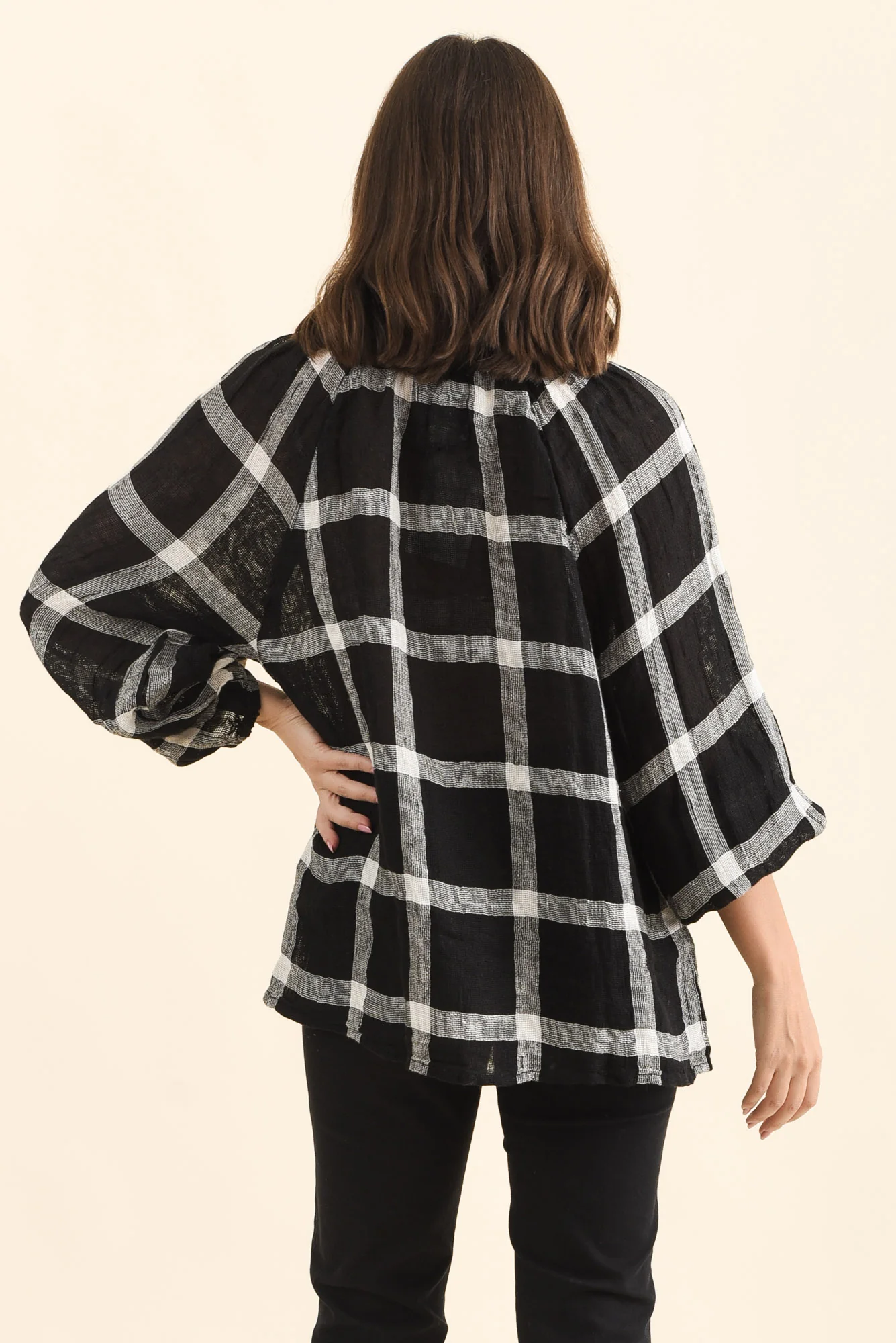 Sussana Black Check Linen Tie Top - Image 4