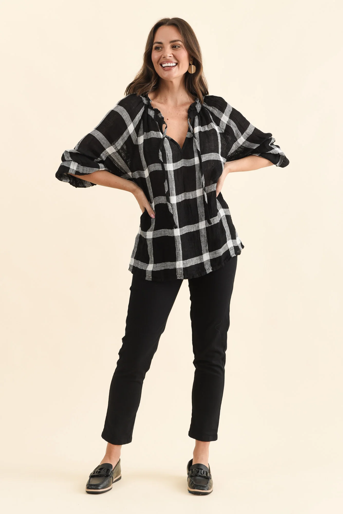 Sussana Black Check Linen Tie Top - Image 6