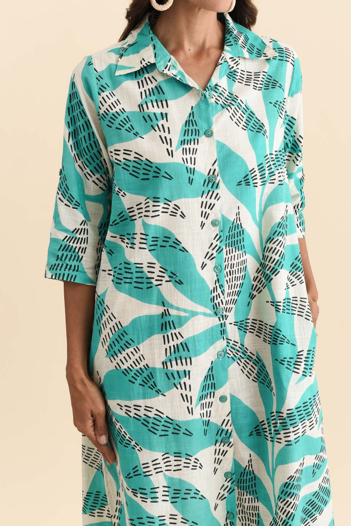 Tricia Teal Fern Cotton Shirt Dress - Image 5