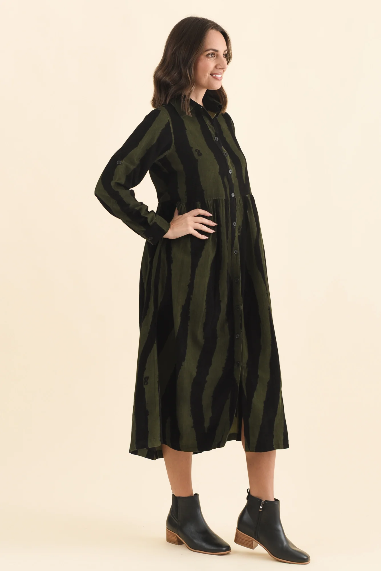 Vani Olive Stripe Cotton Button Dress - Image 3