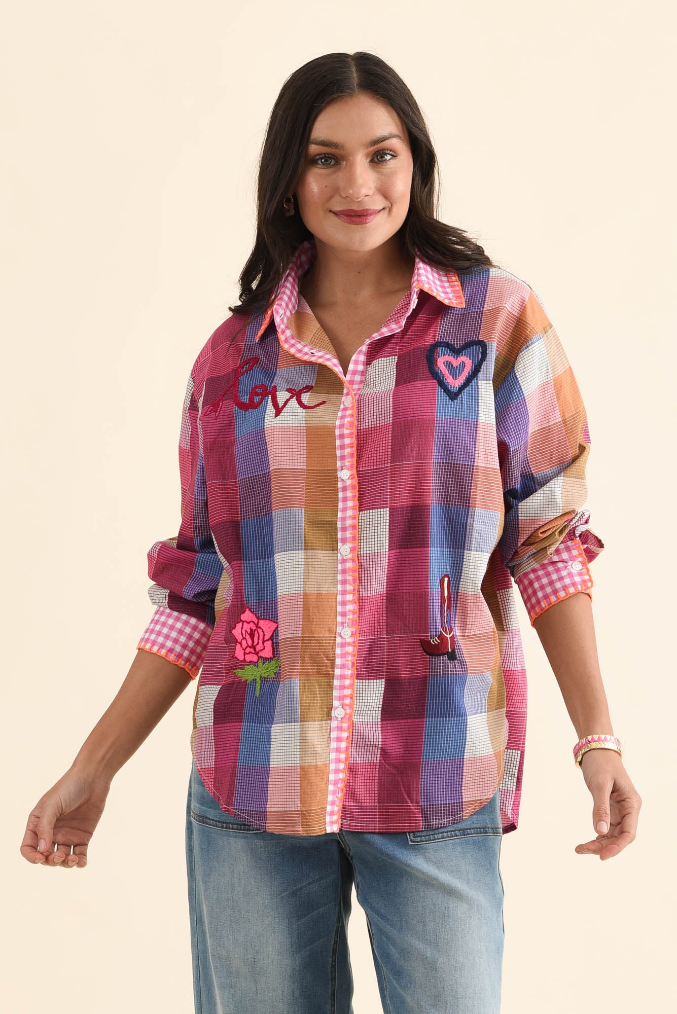 Woods Pink Heart Cotton Embroidered Shirt