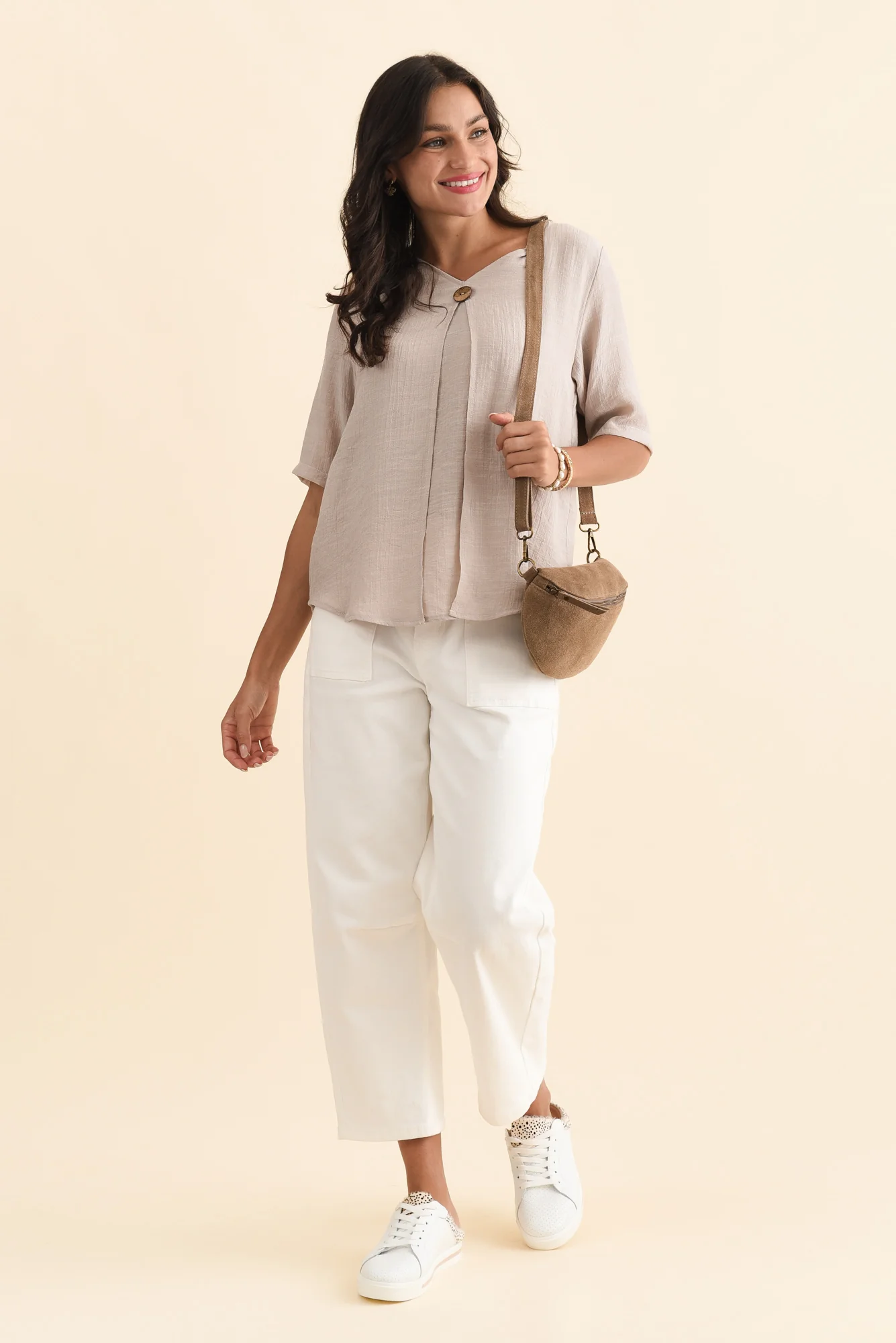 Yasmin Beige Layered Button Top - Image 3
