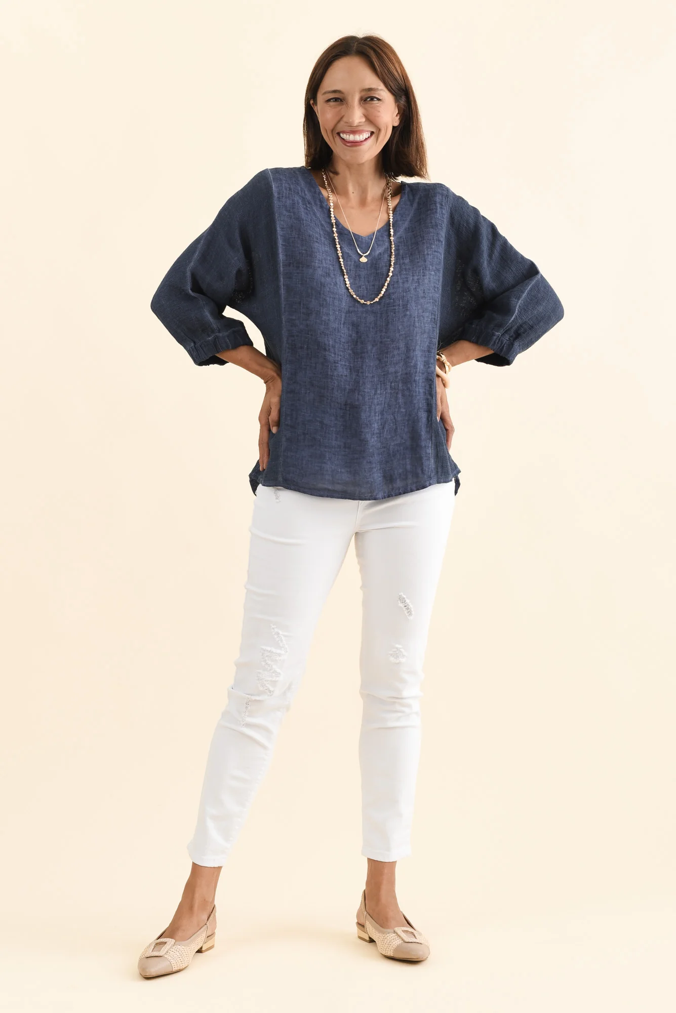 Ziola Blue Linen Cotton Sleeved Top - Image 3