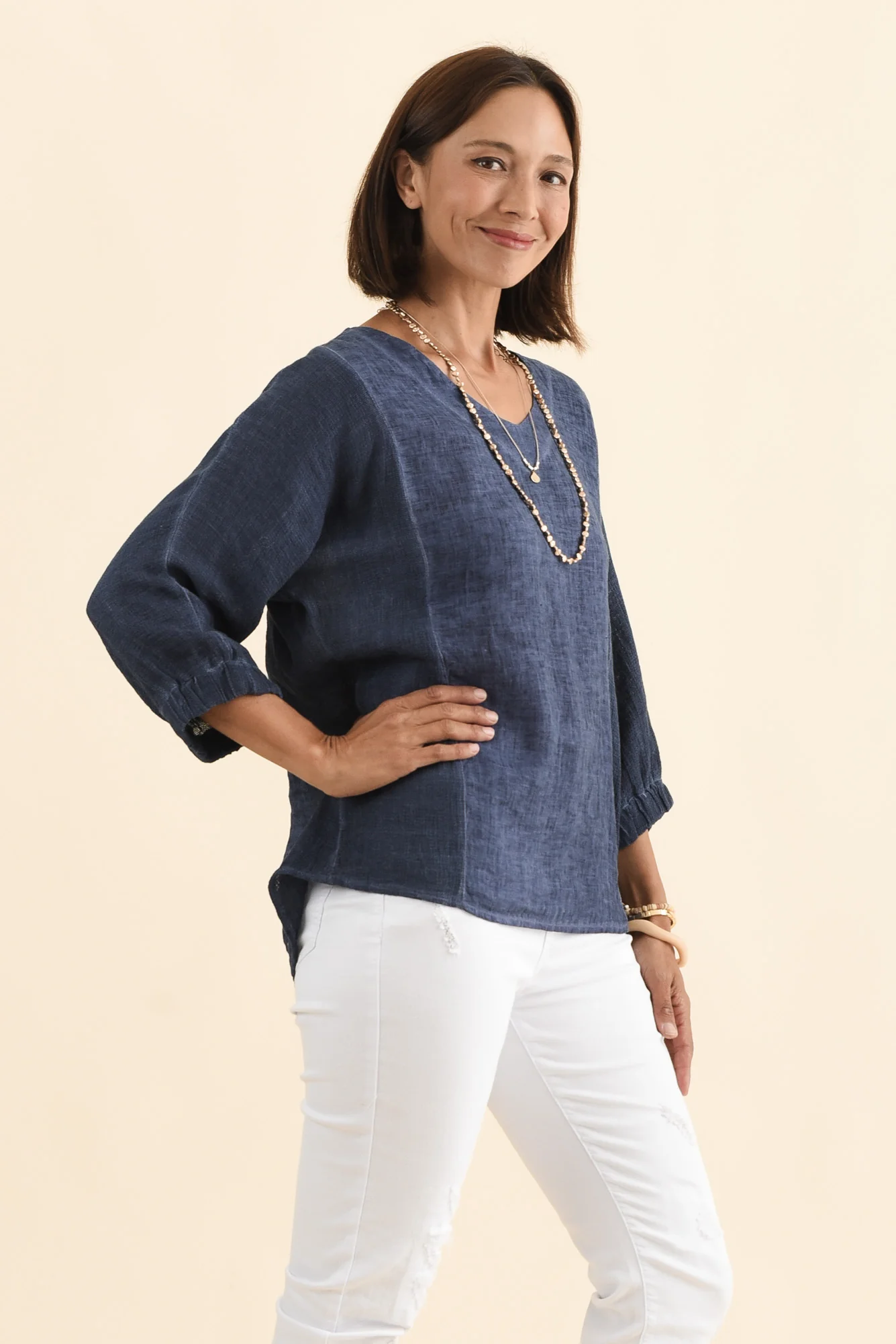 Ziola Blue Linen Cotton Sleeved Top - Image 4