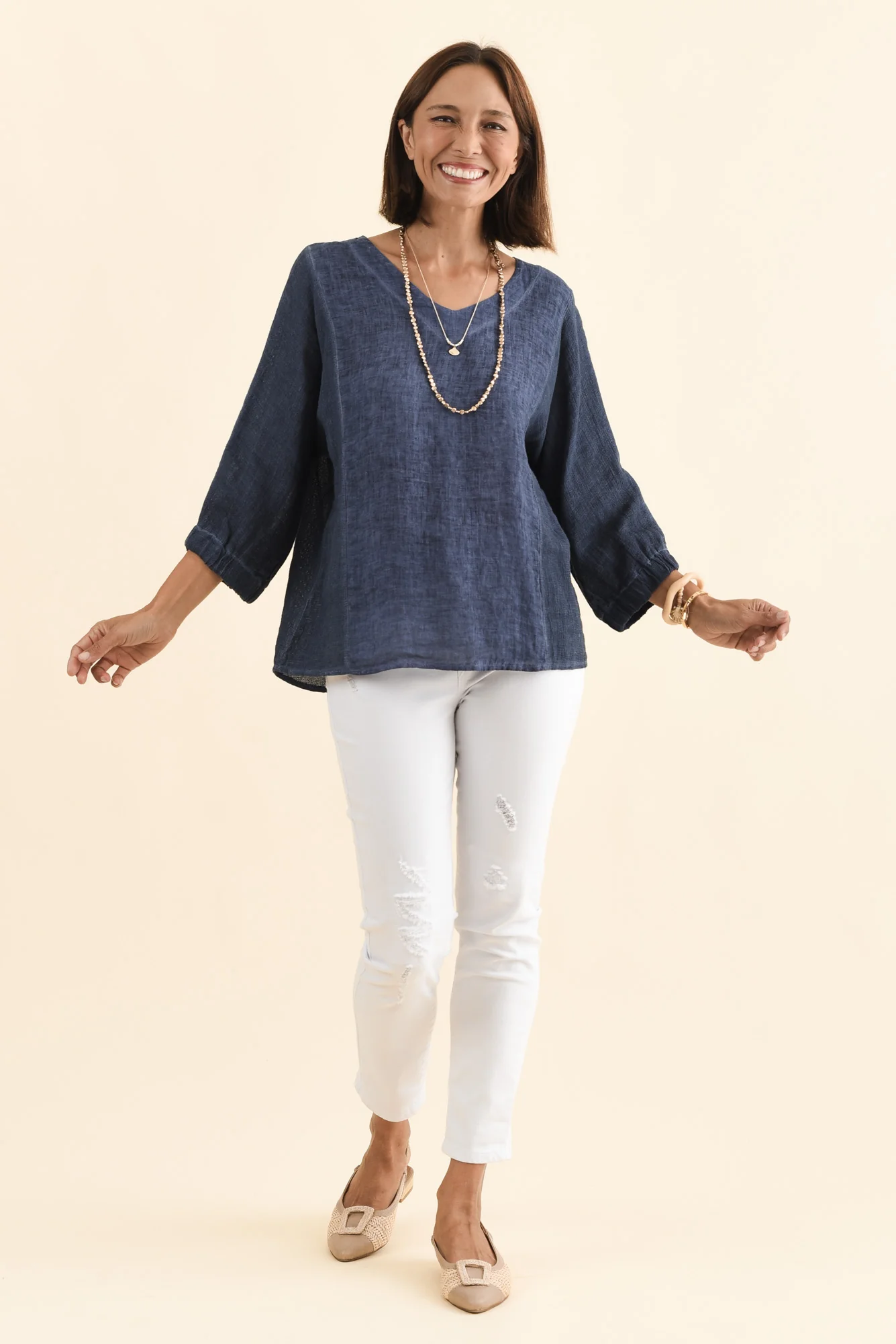 Ziola Blue Linen Cotton Sleeved Top - Image 7