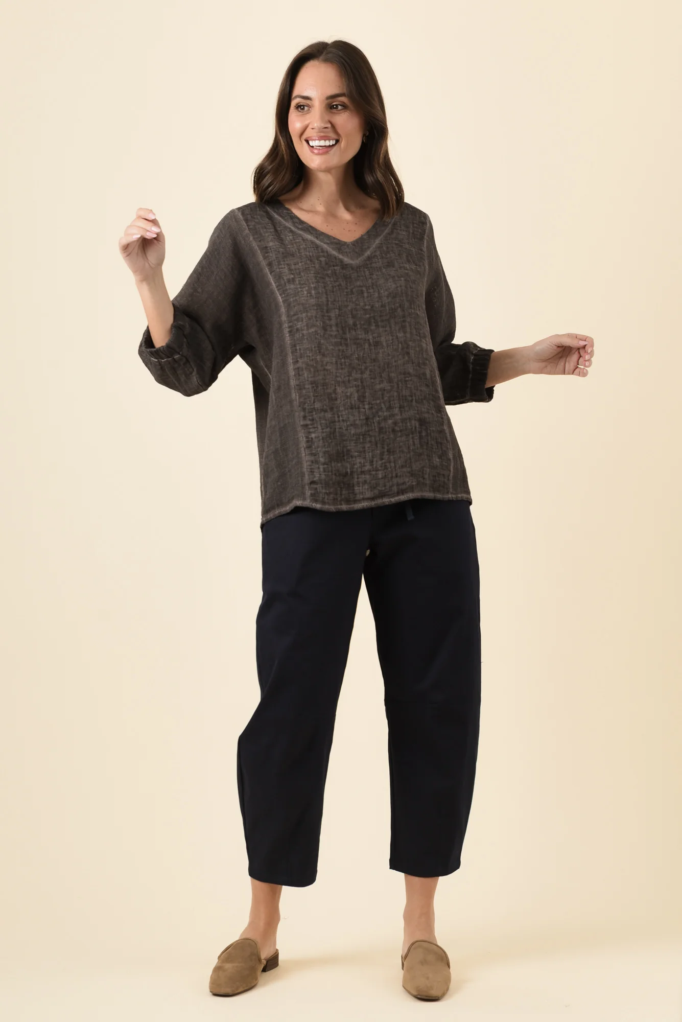 Ziola Mocha Linen Cotton Sleeved Top - Image 6