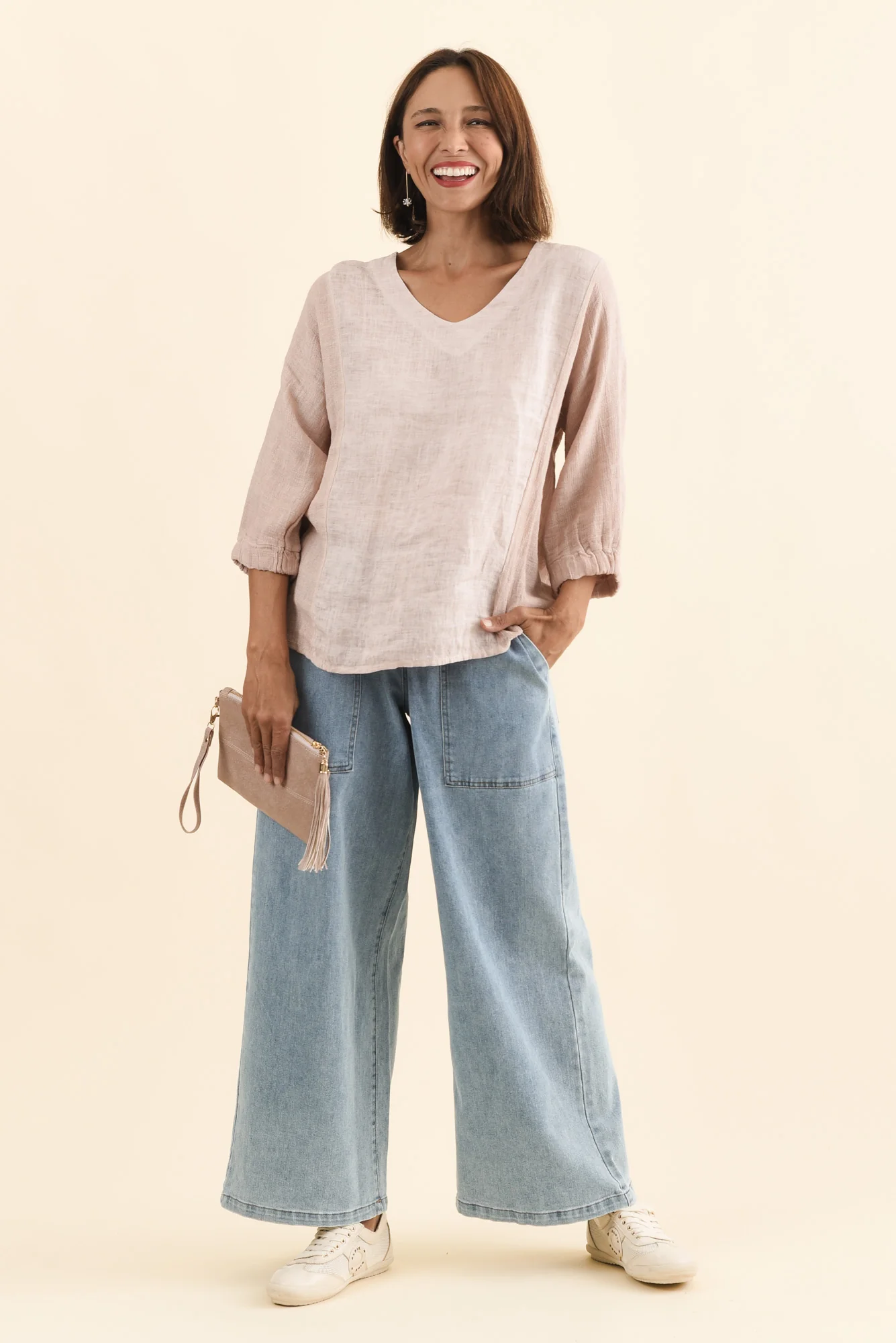 Ziola Pink Linen Cotton Sleeved Top - Image 3