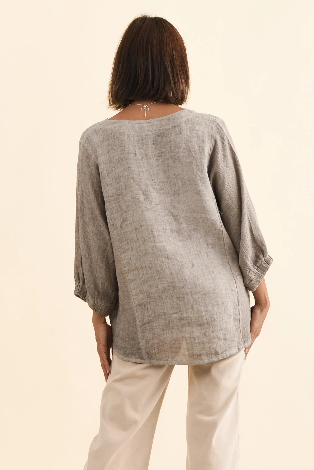 Ziola Taupe Linen Cotton Sleeved Top - Image 4